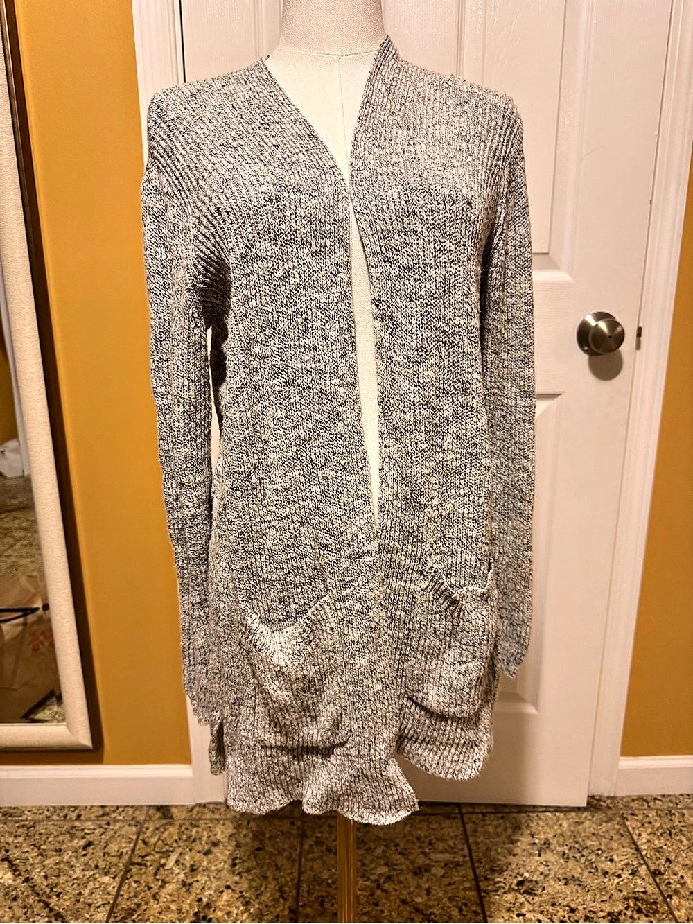 Madewell Grey White Marled Knit Open Front Longline Cardigan Sweater Pockets XS